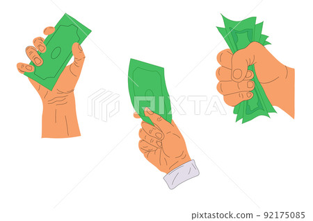 Human hands hold paper money backs. Cartoon flat human hands collection with cash money 92175085