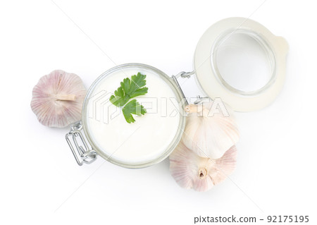 Garlic sauce and ingredients isolated on white background Garlic sauce and ingredients isolated on white background 92175195