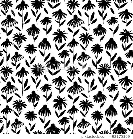 Hand drawn black flowers vector seamless pattern. 92175309