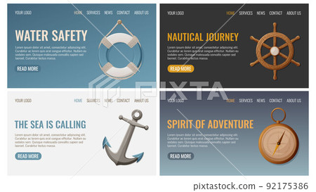 Lifebuoy, rudder, ship steering wheel, compass, anchor, set of web templates, vector illustration Lifebuoy, rudder, ship steering wheel, compass, anchor, set of web templates, vector illustration 92175386