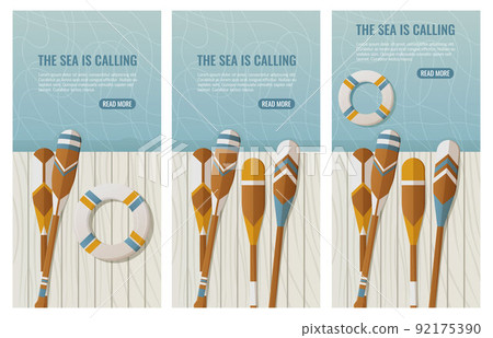 Set of cards oars on a wooden pontoon or pier and lifebuoy on the water. Vector illustration  92175390