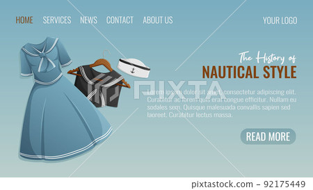 Nautical style clothing, dress, sailor collar, hat, web template, vector illustration.  92175449