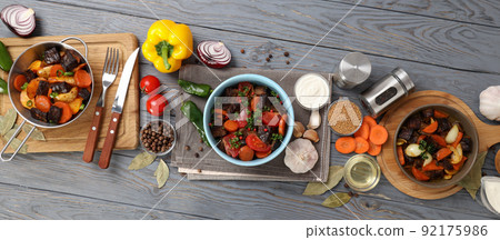 Concept of tasty food with beef with vegetables, top view 92175986