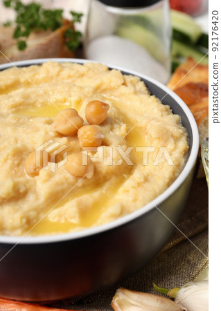 Concept of tasty food with hummus, close up 92176420