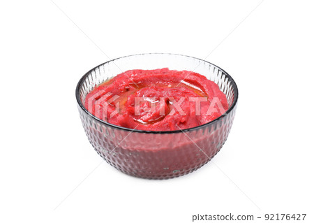 Bowl of beet hummus isolated on white background Bowl of beet hummus isolated on white background 92176427