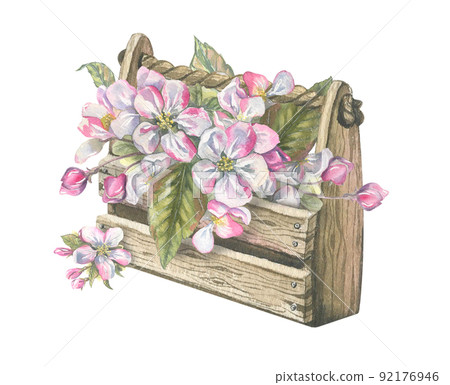 Watercolor illustration composition of flowering fruit trees and garden tools. A fresh and beautiful floral set for springtime. 92176946