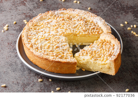 Torta della Nonna Classic Italian dessert closeup in the plate. Horizontal 92177036