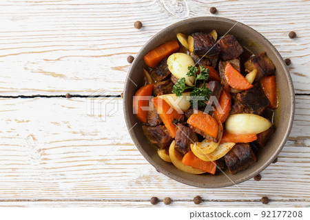 Concept of tasty food with beef with vegetables, space for text 92177208