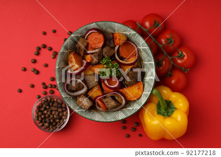 Concept of tasty food with beef with vegetables, top view 92177218