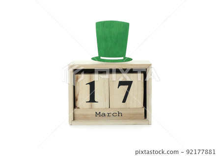 Wooden calendar with wooden top hat isolated on white background 92177881