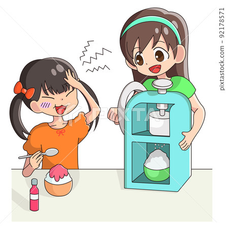 A girl who makes shaved ice and a girl who eats shaved ice A girl who makes shaved ice and a girl who eats shaved ice 92178571