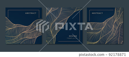 Vector set of wavy luxury line cards, golden dynamic square backgrounds, posts, design template. Art deco abstract patterns, texture for print, fabric, packaging design Vector set of wavy luxury line cards, golden dynamic square backgrounds, posts, design template. Art deco abstract patterns, texture for print, fabric, packaging design 92178871