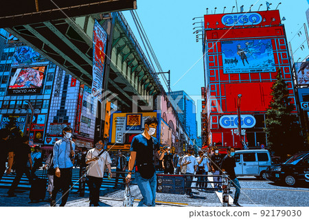 Illustrations of people and landscapes enjoying shopping in Akihabara on holidays 92179030