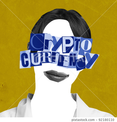 Contemporary art collage. Conceptual image of female faceless silhouette with crypto currency lettering. Virtual money development Contemporary art collage. Conceptual image of female faceless silhouette with crypto currency lettering. Virtual money development 92180110