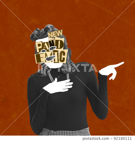 Contemporary art collage. Conceptual image. Stylish girl silhouette with new pandemic lettering on face isolated on red background Contemporary art collage. Conceptual image. Stylish girl silhouette with new pandemic lettering on face isolated on red background 92180111