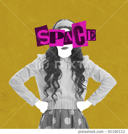 Contemporary art collage. Creative design. Young faceless woman with big bright lettering. Investigation of outer space Contemporary art collage. Creative design. Young faceless woman with big bright lettering. Investigation of outer space 92180112