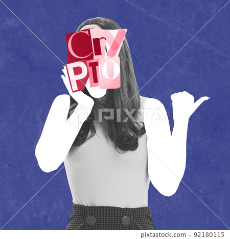 Contemporary art collage. Conceptual image of female silhouette with crypto lettering. Development of e-commerce 92180115