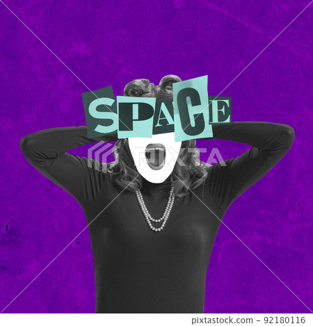 Contemporary art collage. Creative design. Female silhouette with space lettering isolated on purple background 92180116