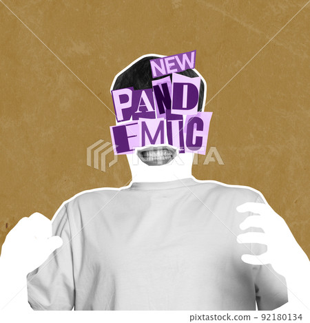 Contemporary art collage. Conceptual image. Male silhouette with new pandemic lettering. Adjustability to new lifestyle 92180134