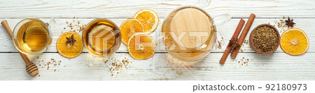 Concept of hot drink with buckwheat tea, top view Concept of hot drink with buckwheat tea, top view 92180973
