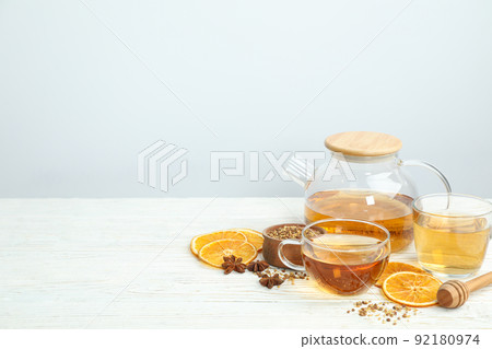 Concept of hot drink with buckwheat tea, space for text Concept of hot drink with buckwheat tea, space for text 92180974