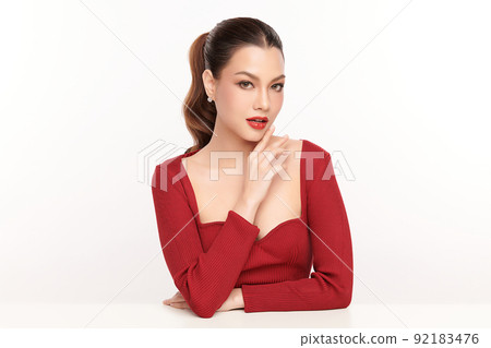 Beautiful young asian woman with clean fresh skin on white background, Face care, Facial treatment, Cosmetology, beauty and spa, Asian women portrait. 92183476
