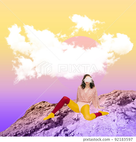 Contemporary art collage. Colorful design with young woman sitting on cliff at warm summer day and dreaming Contemporary art collage. Colorful design with young woman sitting on cliff at warm summer day and dreaming 92183597