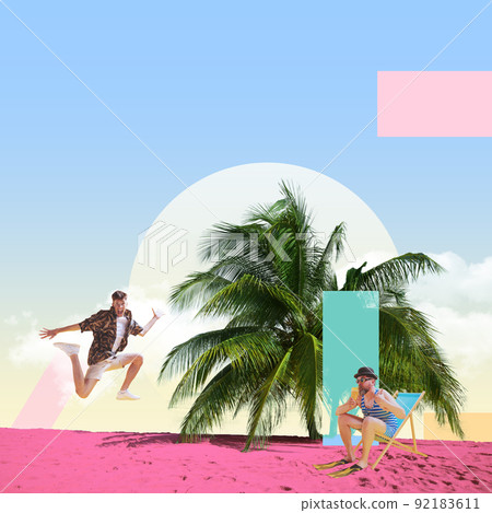 Contemporary art collage. Bearded man in swimsuit enjoying summer vacation, drinking cocktail on beach and cheerful young boy jumping Contemporary art collage. Bearded man in swimsuit enjoying summer vacation, drinking cocktail on beach and cheerful young boy jumping 92183611