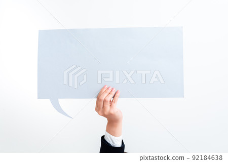 Businesswoman Holding Speech Bubble With Important Messages With One Hand. Woman Presenting Crutial Informations On Dialogue Balloon. Lady Showing Recent Updates On Paper. 92184638