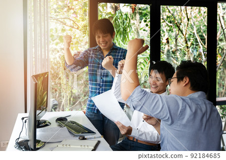 Programmers team happiness and glad in complete success software development project. Developing programming and coding technologies. Website design. Cyber space concept. 92184685