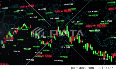 Digital data financial investment with world map and stock indexes. Bull market candlestick chart and bar graph with auto trading. Business and finance background 4K animation. Digital data financial investment with world map and stock indexes. Bull market candlestick chart and bar graph with auto trading. Business and finance background 4K animation. 92185487