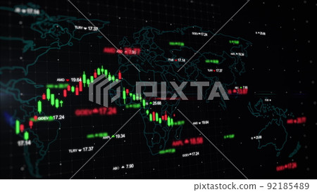 Digital data financial investment with world map and stock indexes. Bull market candlestick chart and bar graph with auto trading. Business and finance background 4K animation. 92185489