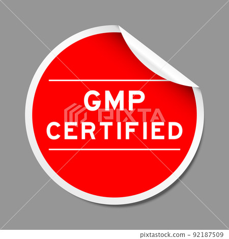 Red color peel sticker label with word GMP (Good manufacturing practice) certified on gray background Red color peel sticker label with word GMP (Good manufacturing practice) certified on gray background 92187509