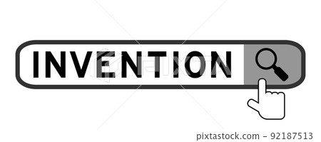 Search banner in word invention with hand over magnifier icon on white background 92187513