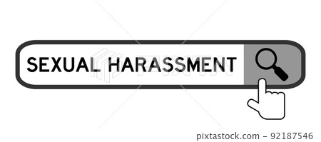 Search banner in word sexual harassment with hand over magnifier icon on white background Search banner in word sexual harassment with hand over magnifier icon on white background 92187546