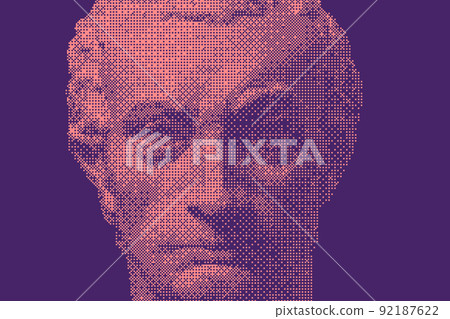 Modern creative colored graphic sculpture with dark background . Digital texture with antique statue head in bitmap style. Contemporary art poster. Funky unusual design. Fashion aesthetic culture. Modern creative colored graphic sculpture with dark background . Digital texture with antique statue head in bitmap style. Contemporary art poster. Funky unusual design. Fashion aesthetic culture. 92187622