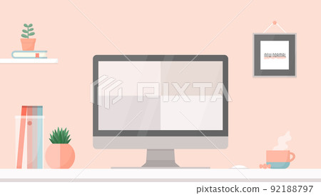 A cute pink room, a computer monitor with a 4-split display, and a frame with the words new normal. 92188797