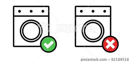 Washing machine and check mark, washing machine and cross mark icon set. 92189518