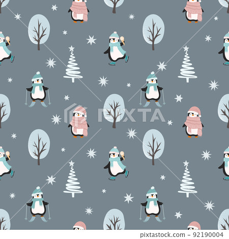 Christmas seamless pattern with cute cartoon penguins and trees. Can be used for fabric, wrapping paper, scrapbooking, textile, poster, banner and other christmas design. Flat style. 92190004