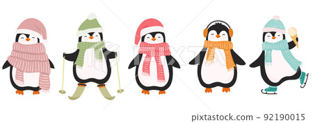 Set of cute christmas penguins isolated on white background. Vector illustration in flat cartoon style. 92190015