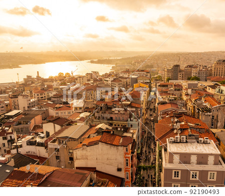 Buyuk Hendek street in the Beyoglu District. City of Istanbul, Turkey. View from Galata Tower 92190493