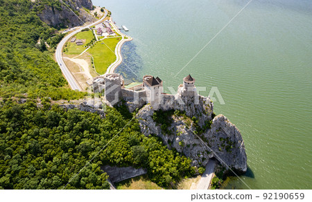 Ancient fortress Golubac in Serbia on the banks of the Danube view from a drone Ancient fortress Golubac in Serbia on the banks of the Danube view from a drone 92190659
