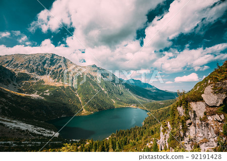 Tatra National Park, Poland. Famous Mountains Lake Morskie Oko Or Sea Eye Lake In Summer Day. Topw View Of Beautiful Tatras Lake Landscape In Polish Nature. 92191428