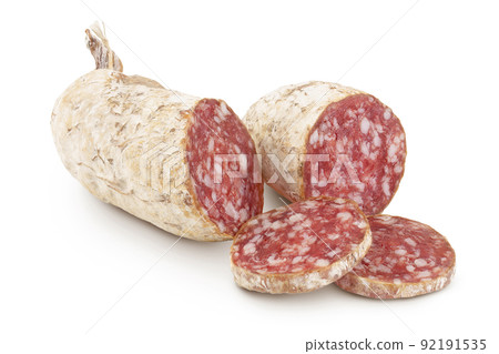 Cured salami sausage isolated on white background. Italian cuisine with full depth of field Cured salami sausage isolated on white background. Italian cuisine with full depth of field 92191535