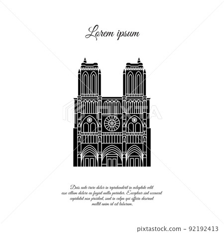 Notre Dame de Paris black vector. Travel vector banner or logo. The famous Cathedral of Notre Dame de Paris, France. French landmark. The Catholic Church in the center of Paris, Gothic architecture Notre Dame de Paris black vector. Travel vector banner or logo. The famous Cathedral of Notre Dame de Paris, France. French landmark. The Catholic Church in the center of Paris, Gothic architecture 92192413