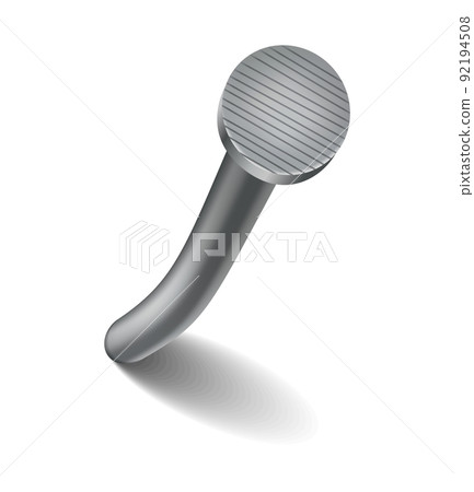 Hammered nail on surface. Iron, steel or silver pin head. Bent metal spike or hobnail with cap in cartoon style. Vector top view grey hardware for home construction, isolated on white background Hammered nail on surface. Iron, steel or silver pin head. Bent metal spike or hobnail with cap in cartoon style. Vector top view grey hardware for home construction, isolated on white background 92194508