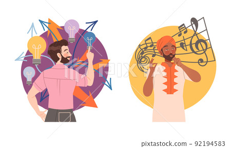Man with Creative Type of Thinking or Mindset with Lightbulb and Musical Notes Vector Set 92194583