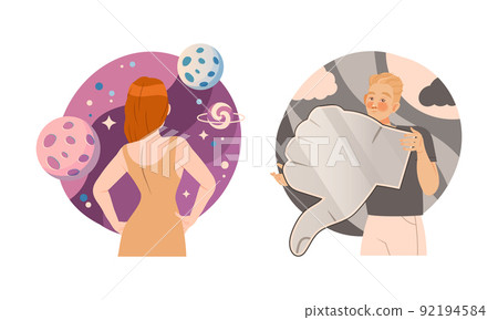 Man and Woman with Negative and Abstract Type of Thinking or Mindset Vector Set 92194584