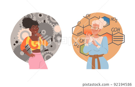 Woman with Concrete and Technical Type of Thinking or Mindset Vector Set 92194586