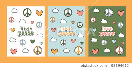 Love peace groovy 1970 set. Three postcards with colorful cartoon hearts and symbols peace. 70s vibes background. Trippy hand drawn vector illustration. Love peace groovy 1970 set. Three postcards with colorful cartoon hearts and symbols peace. 70s vibes background. Trippy hand drawn vector illustration. 92194612